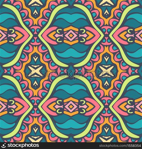 Tiled ethnic colorful pattern for fabric. Abstract geometric mosaic damask seamless pattern ornamental. Textile print vector. Colorful Tribal Ethnic Festive Abstract Floral Vector Pattern