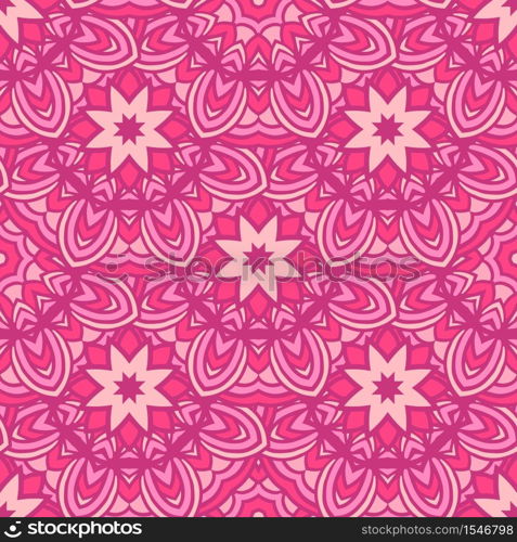 Tiled pink floral vector pattern for fabric. Abstract geometric mosaic stars and flowers seamless pattern ornamental. Abstract seamless geometric pattern background ethnic mandala art textile