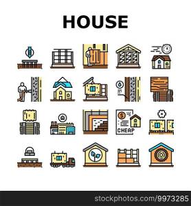 Timber Frame House Collection Icons Set Vector. Pile Screw Foundation And Ecowool Insulation, Wooden And Steel Building Frame Concept Linear Pictograms. Contour Color Illustrations. Timber Frame House Collection Icons Set Vector