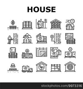 Timber Frame House Collection Icons Set Vector. Pile Screw Foundation And Ecowool Insulation, Wooden And Steel Building Frame Black Contour Illustrations. Timber Frame House Collection Icons Set Vector