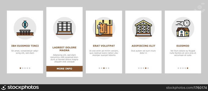 Timber Frame House Onboarding Mobile App Page Screen Vector. Pile Screw Foundation And Ecowool Insulation, Wooden And Steel Building Frame Illustrations. Timber Frame House Onboarding Icons Set Vector