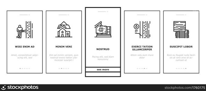 Timber Frame House Onboarding Mobile App Page Screen Vector. Pile Screw Foundation And Ecowool Insulation, Wooden And Steel Building Frame Illustrations. Timber Frame House Onboarding Icons Set Vector