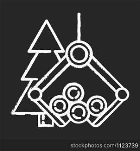 Timber industry chalk icon. Logging sector. Wood production. Forestry management. Lifting crane loading spruce logs. Technology for collecting tree trunks. Isolated vector chalkboard illustration
