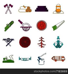 Timber industry icons set. Doodle illustration of vector icons isolated on white background for any web design. Timber industry icons doodle set