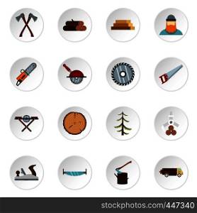 Timber industry icons set in flat style. Lumberjack equipment set collection vector icons set illustration. Timber industry icons set, flat style