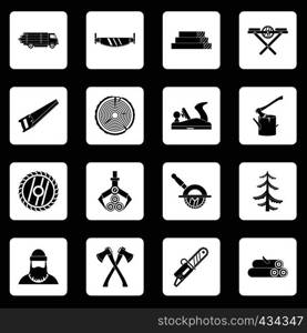 Timber industry icons set in white squares on black background simple style vector illustration. Timber industry icons set squares vector