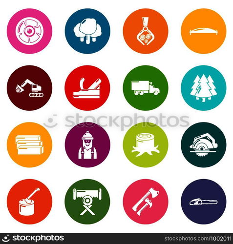 Timber industry icons set vector colorful circles isolated on white background . Timber industry icons set colorful circles vector