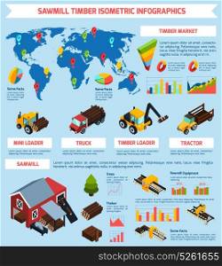 Timber Market Isometric Infographics. Timber market infographics isometric layout with sawmill equipment and timber shipping and loading vehicles vector illustration