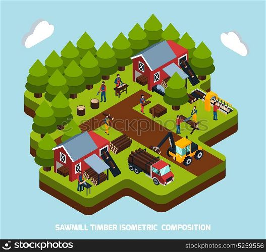 Timber Production Isometric Composition. Timber production isometric composition with special equipment and machines symbols vector illustration