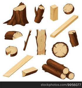 Timber vector set with wood logs, chopped tree trunks, stump with bark and firewood pile, lumber cuts of plank, board and beam, log slices and branch sticks. Cartoon woodwork, timbering and carpentry. Timber set of wood logs, tree trunks and stump
