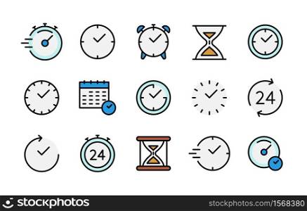 Time and clock color vector linear icons set. Time management. Timer, speed, alarm, recovery, time management, calendar and more. Isolated collection of time for web sites icon on white background.. Time and clock color vector line icons. Isolated icon collection colorful icon set on white background. Time symbol vector set.