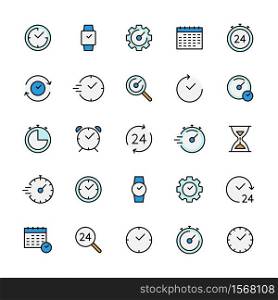 Time and clock color vector related linear icons set. Time management. Calendar, time, date, countdown, timer and more. Icon set for websites and mobile phones white background. Vector symbol set.