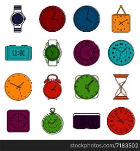 Time and Clock icons set. Doodle illustration of vector icons isolated on white background for any web design. Time and Clock icons doodle set