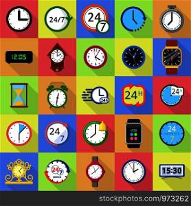 Time and clock icons set. Flat illustration of 25 time clock vector icons for web. Time and clock icons set, flat style