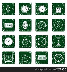 Time and Clock icons set in grunge style green isolated vector illustration. Time and Clock icons set grunge