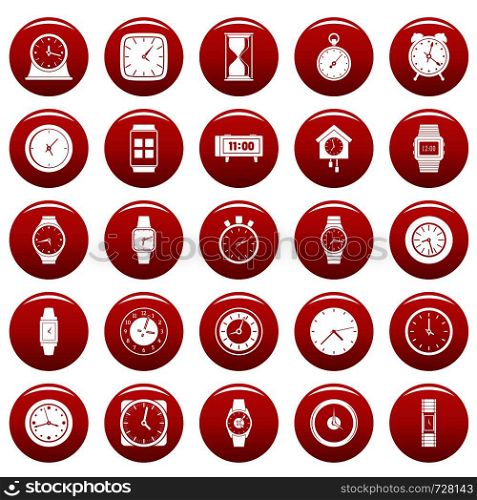 Time and clock icons set. Simple illustration of 25 time clock vector icons red isolated. Time and clock icons set vetor red