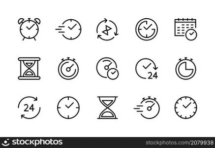 Time and clock vector linear icons set. Linear symbols of time. Alarm, speed, hourglass, stopwatch, timer, recovery, calendar and more. Isolated collection of time icon for web on white background.. Time and clock vector line icons set. Isolated collection of time icon on white background. Linear vector symbols of time.