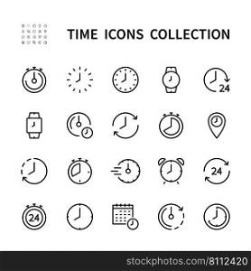 Time and clock vector linear icons set. Time management. Alarm, wristwatch, timer, speed, period, recovery, arrow, watch, calendar and more. Isolated time icon collection on white background.. Time and clock vector linear icons. Timepiece icon collection on white background. Time and clock vector symbol set.