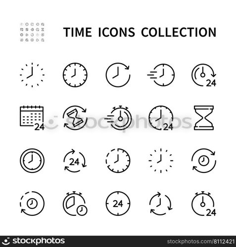 Time and clock vector linear icons set. Time management. Timer, speed, alarm, period, recovery, hourglass, arrow, watch, calendar and more. Isolated time icon collection on white background.. Time and clock vector linear icons set. Isolated icon collection on white background. Time and clock vector symbol set.