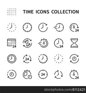 Time and clock vector linear icons set. Time management. Timer, speed, alarm, period, recovery, hourglass, arrow, watch, calendar and more. Isolated time icon collection on white background.. Time and clock vector linear icons set. Isolated icon collection on white background. Time and clock vector symbol set.
