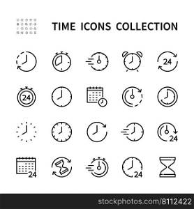 Time and clock vector linear icons set. Timepiece management. Alarm, timer, speed, period, recovery, hourglass, arrow, watch, calendar and more. Isolated time icon collection on white background.. Time and clock vector linear icons. Isolated timepiece icon collection on white background. Time and clock vector symbol set.