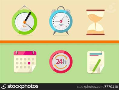 Time and date icons in cartoon design style. Set of watch hourglass alarm calendar notepad