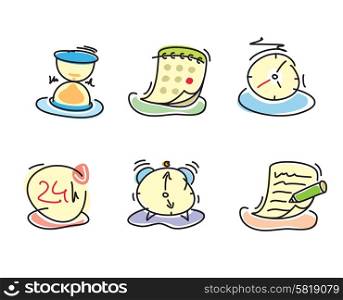 Time and date icons in cartoon design style. Set of watch hourglass alarm calendar notepad