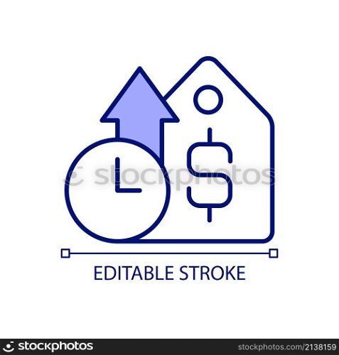 Time-based pricing RGB color icon. Raise price for special-event period. Pricing strategy in marketing. Isolated vector illustration. Simple filled line drawing. Editable stroke. Arial font used. Time-based pricing RGB color icon
