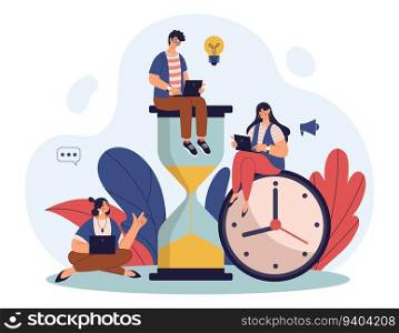 Time clock, work on hourglass with laptop. Deadline or countdown, team of people employee. Huge sandglass and office workers, modern male and female employee characters. Vector cartoon illustration. Time clock, work on hourglass with laptop. Deadline or countdown, team of people employee. Huge sandglass and office workers, male and female employee characters. Vector cartoon illustration