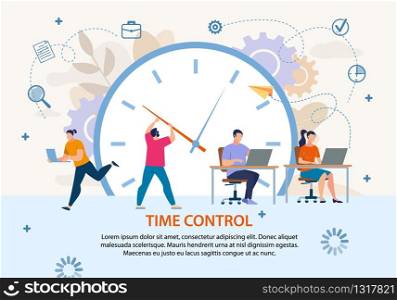 Time Control and Planning. Project Management and Workflow Development. Profitable Business. Flat Poster. Cartoon Workers in Metaphor Office Doing Job. Vector Huge Alarm Clock Illustration. Time Control Project Management Business Poster