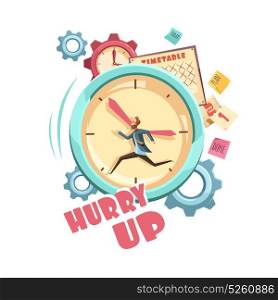 Time Control Retro Cartoon Design. Time control retro cartoon design with running man on clock background schedule and grey gears vector illustration