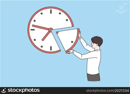 Time deadline and management concept. Young positive man standing and forming whole picture adding one missing piece to huge watch clock over blue background vector illustration . Time deadline and management concept