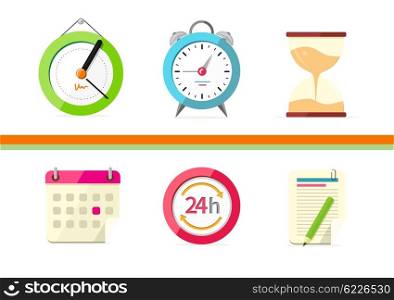 Time design flat concept clock and calendar. Time management, clock and timeline, hourglass and concept time, calendar business and date reminder, plan organizer, vector illustration
