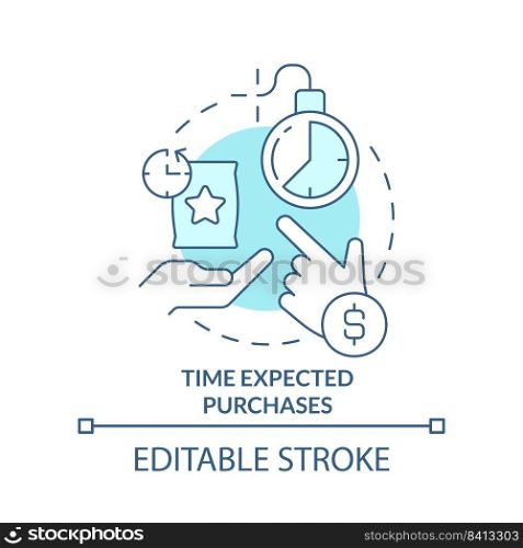 Time expected purchases turquoise concept icon. Consumers deal with inflation abstract idea thin line illustration. Isolated outline drawing. Editable stroke. Arial, Myriad Pro-Bold fonts used. Time expected purchases turquoise concept icon