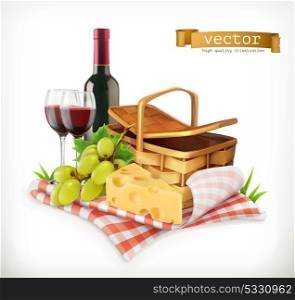 Time for a picnic, nature, outdoor recreation, a tablecloth and picnic basket, wine glasses, cheese and grapes, vector illustration