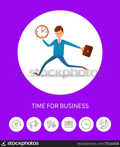 Time for business, businessman with time clock vector. Person late for work, tardy man carrying briefcase. Poster with text sample, chief executive. Time for Business, Businessman with Time Clock