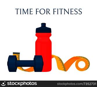 Time for fitness color banner, vector illustration, workout equipment set, red sport bottle and yellow measurement band, small dumbbell, text sample. Time for Fitness Color Banner, Vector Illustration