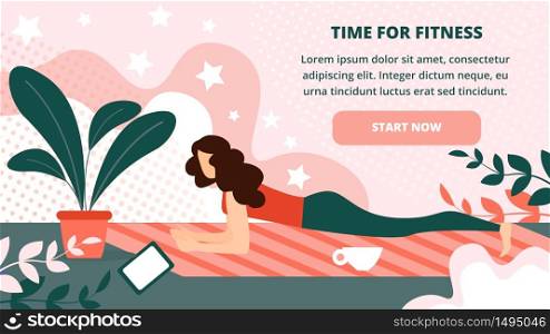 Time for Fitness Horizontal Banner Young Woman doing Sport Exercises at Home with Modern Interior Design. Girl in Sportswear Engaged Gymnastics, Stand in Plank Posture Cartoon Flat Vector Illustration. Young Woman doing Sport Fitness Exercises at Home