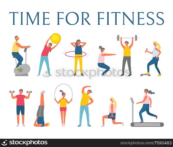 Time for fitness, people doing fitness with sport items. Ball and exercise bike, big hula hoop, heavy weight or dumbbells, running track, healthy vector. People Doing Exercise, Time for Fitness Vector