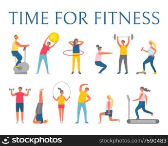 Time for fitness, people doing fitness with sport items. Ball and exercise bike, big hula hoop, heavy weight or dumbbells, running track, healthy vector. People Doing Exercise, Time for Fitness Vector