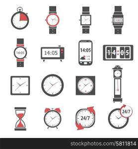 Time icon black set with digital and analog watch clock and stopwatch isolated vector illustration. Time Icon Black Set