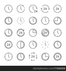 Time icons. Clock collection. Time and Clock vector collection. Big set of a round line icons. Time and clock, isolated on white background. Web icons in Thin linear simple design. Vector illustration.