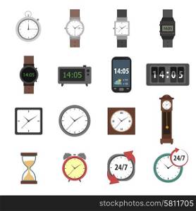 Time icons flat set with modern and classic watches clocks isolated vector illustration. Time Icons Flat