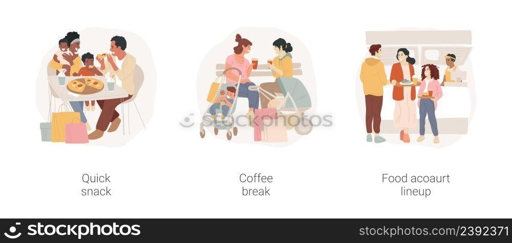Time in shopping mall isolated cartoon vector illustration set. Quick snack, coffee break, food court lineup, having lunch, snack bar, shopping bags, family talking and laughing vector cartoon.. Time in shopping mall isolated cartoon vector illustration set.