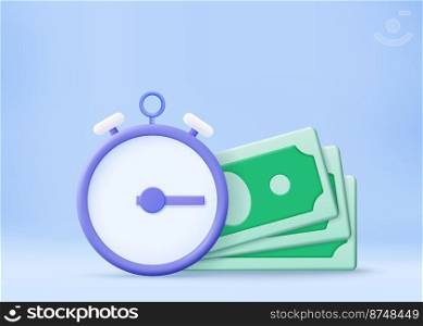 Time is money, business and finance concept. Quick payment, clock and cash, fast loan, easy credit. Time money saving. Timer and finance. Quick money. 3d rendering. Vector illustration. Time is money, business and finance concept.