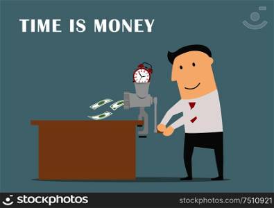 Time is money business concept. Smart and confident businessman making money from a time with clocks using retro grinder
