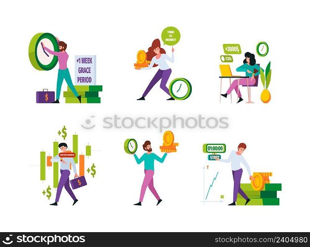 Time is money. Business concept with clocks timers currencies visualization investors push money coins capital revenue vector flat pictures set. Illustration time and money, financial management. Time is money. Business concept with clocks timers currencies visualization investors push money coins capital revenue garish vector flat pictures set