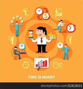 Time Is Money Composition. Round time management composition with symbols of analog and sand clock with human characters conceptual icons vector illustration