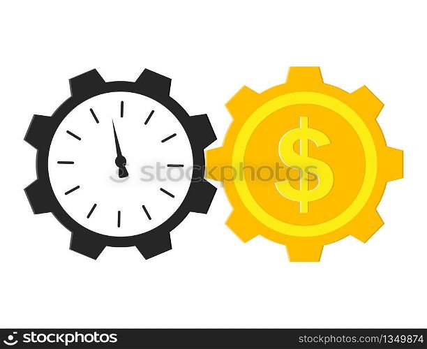 Time is money concept. Clock and dollar with gears. Payment work in hour. Timer of financial market. Value wage in time. Countdown investment. Symbol of budget, capital, beneficial deposit. Vector.. Time is money concept. Clock and dollar with gears. Payment work in hour. Timer of financial market. Value wage in time. Countdown investment. Symbol of budget, capital, beneficial deposit. Vector
