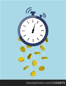 Time is money concept. Clock with dollar golden coins. Payment work in hour. Watch and financial budget. Cash from rich business. Pension timer. Alarm investment. Countdown time of deposit. Vector.. Time is money concept. Clock with dollar golden coins. Payment work in hour. Watch and financial budget. Cash from rich business. Pension timer. Alarm investment. Countdown time of deposit. Vector